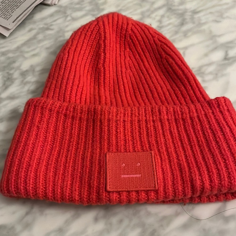Red ACNE ribbed beanie